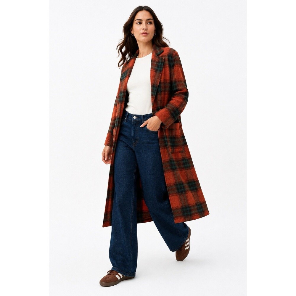 Leith Plaid Wool Blend Oversized Longline Duster Coat Orange Green S